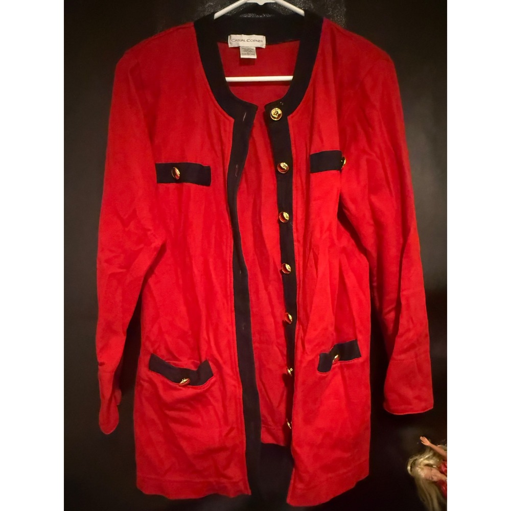 Casual Corner Vintage Red Black Trim Gold Button Cotton Cardigan Sweater Large